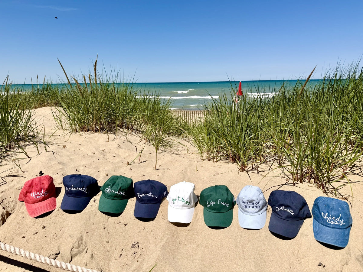 Nine Third Coast town caps lined up along a dune above Lake Michigan